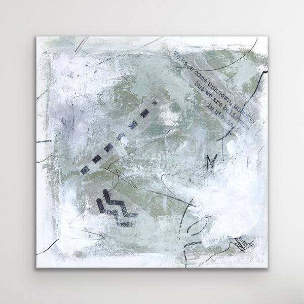 A square acrylic painting on paper.  The colours used are Sage green, white and black.  There is collage text  and random black marks on the painting.