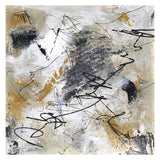 A square abstract acrylic painting on paper.  The colours used are Naples yellow, grey, white and black.  There is collaged text and random black marks throughout  the painting.  There is a 1" white border around the painting. 
