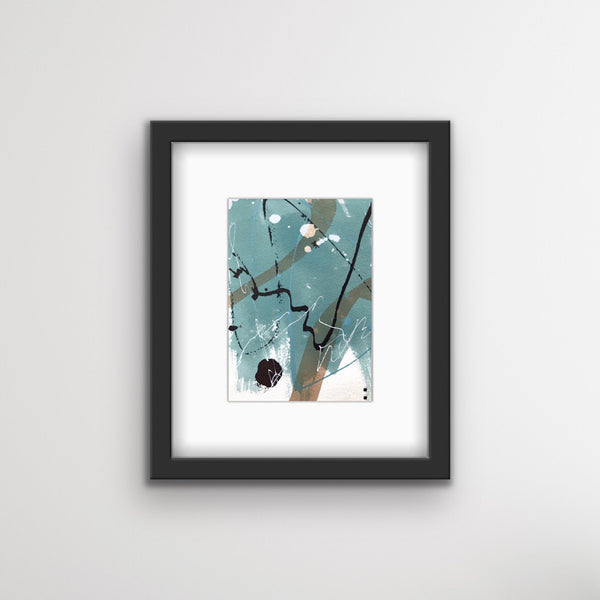 An abstract acrylic painting in a white mat,and framed in a modern black frame. The colours are teal, burnt umber and white. 