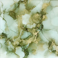 A small square abstract artwork. The colours are light sage green and gold. 