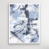 An abstract acrylic painting on paper. The colours are a soft grey/blue, bllack and white.