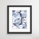 An abstract acrylic painting on paper in a black frame. The colours are a soft grey/blue, bllack and white.