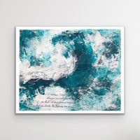 An abstract acrylic painting on paper. The painting is of a wave, in dark teal and white. There is collaged text  in sections of the painting. 