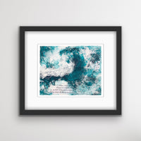 An abstract acrylic painting on paper in  a black frame.The painting is of a wave, in dark teal and white. There is collaged text in sections of the painting.
