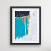 An abstract acrylic painting on paper,  in a white mat and framed in a modern black frame. The painting is turquoise, black and white, with accents of metallic gold. There are three main sections, one is turquoise, one is black and one is white. A gold line runs between the shapes and there are some splashes of gold and white at the top, and some gold dripping down from the top.