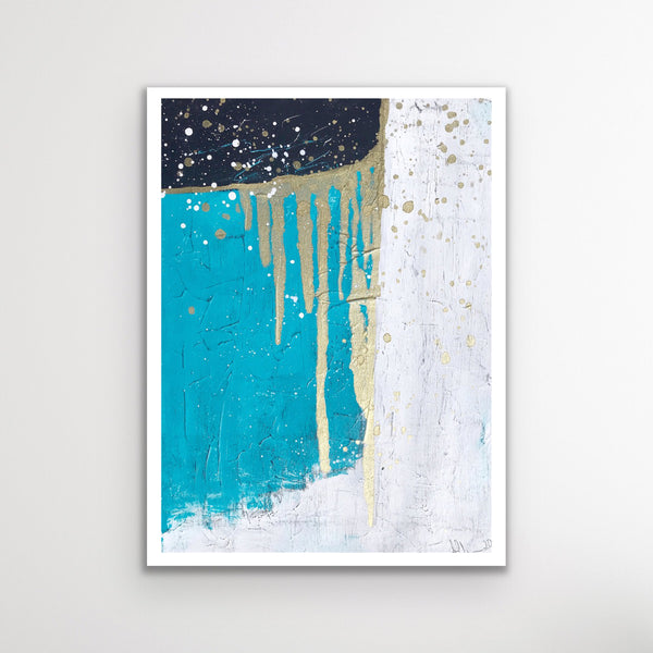 An abstract acrylic painting on paper. The painting is turquoise, black and white, with accents of metallic gold. There are three main sections, one is turquoise, one is black and one is white.  A gold line runs between the shapes and there are some splashes of gold and white at the top, and some gold dripping down from the top.