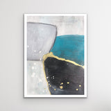 An abstract acrylic painting on paper. The painting is turquoise, grey, and white with accents of metallic gold.  There are three freeform shapes , one is grey, one is turquoise and one is black. A gold line runs between the shapes and there are some splashes of gold and white at the bottom.