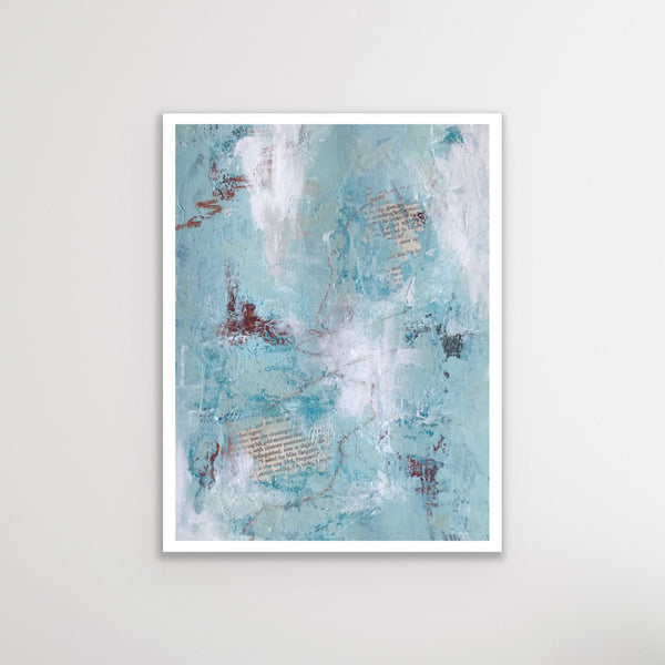 A turquoise abstract acrylic painting on paper. There are two sections of collage book pages  on the painting. Accents of sienna pastel marks are throughout the painting.