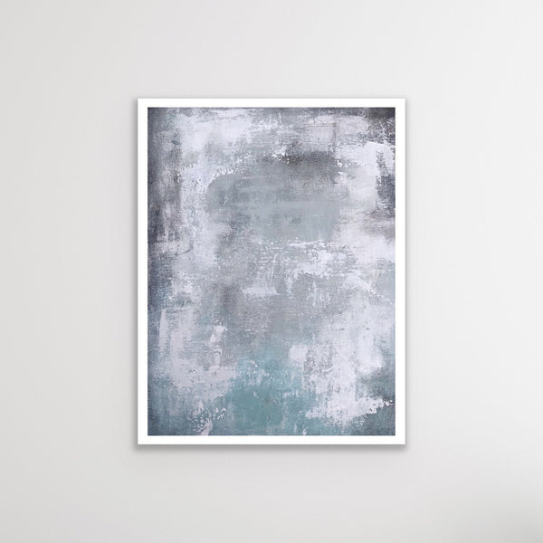 An abstract acrylic painting on paper that is unframed. There is a white border around the painting.The colours are teal, taupe, white and black. 